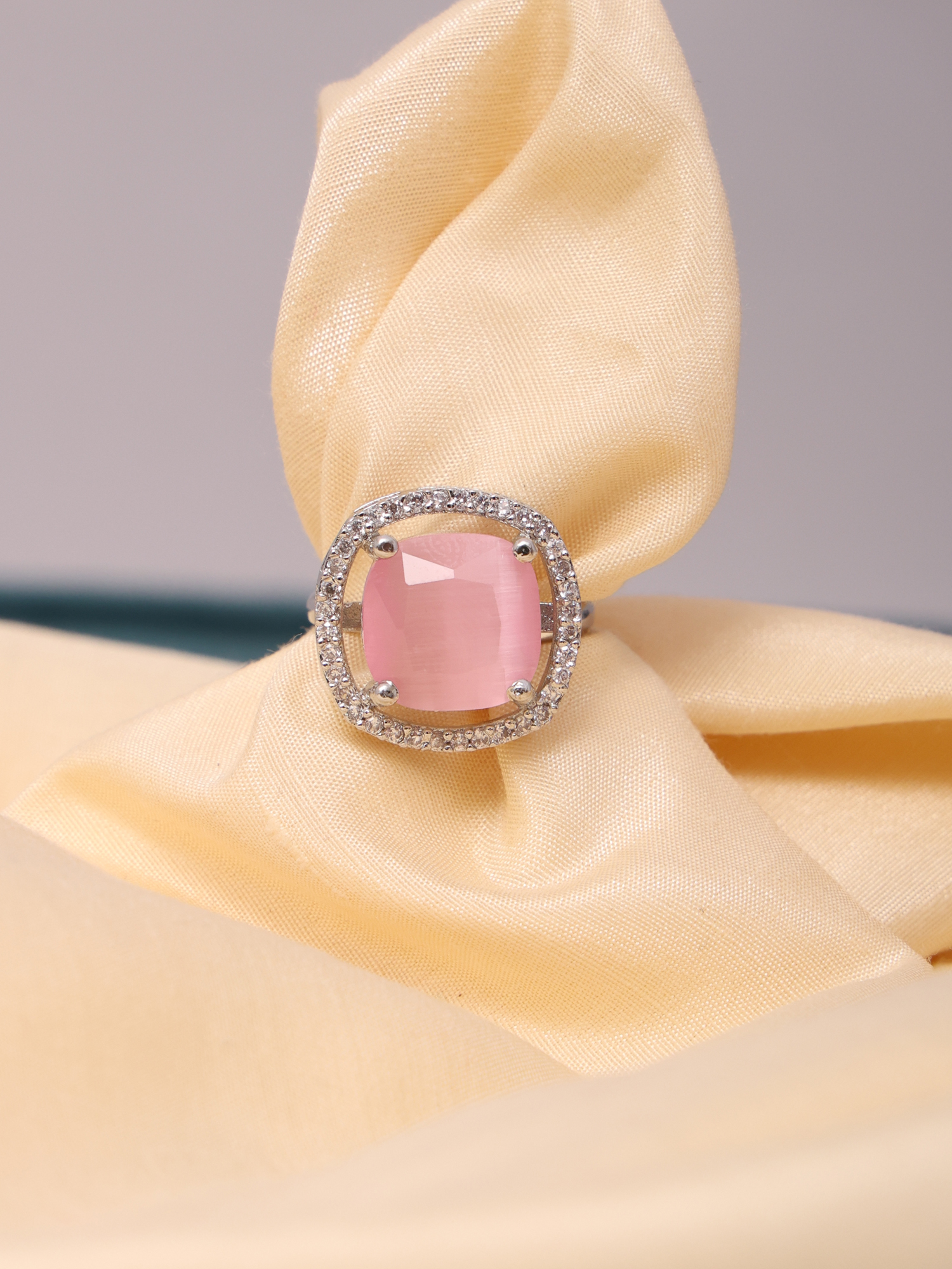Blush Pink Cushion Cut AD Diamond Ring