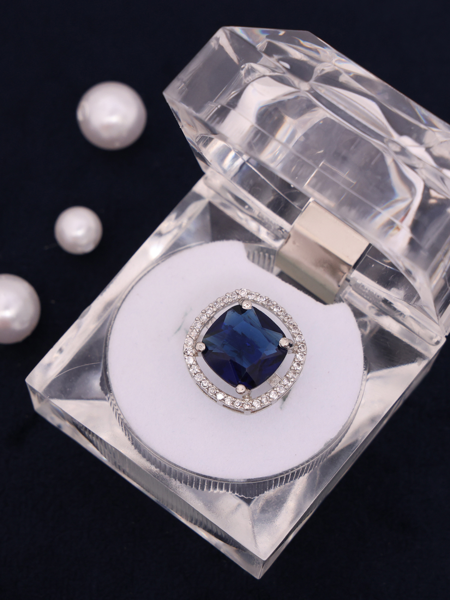 Royal Blue Cushion Cut AD Diamond Ring