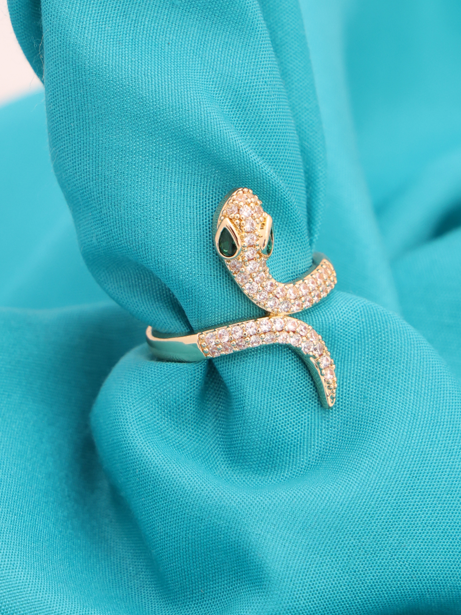Anti-Tarnish Crystal Snake Adjustable Ring with Emerald Eyes