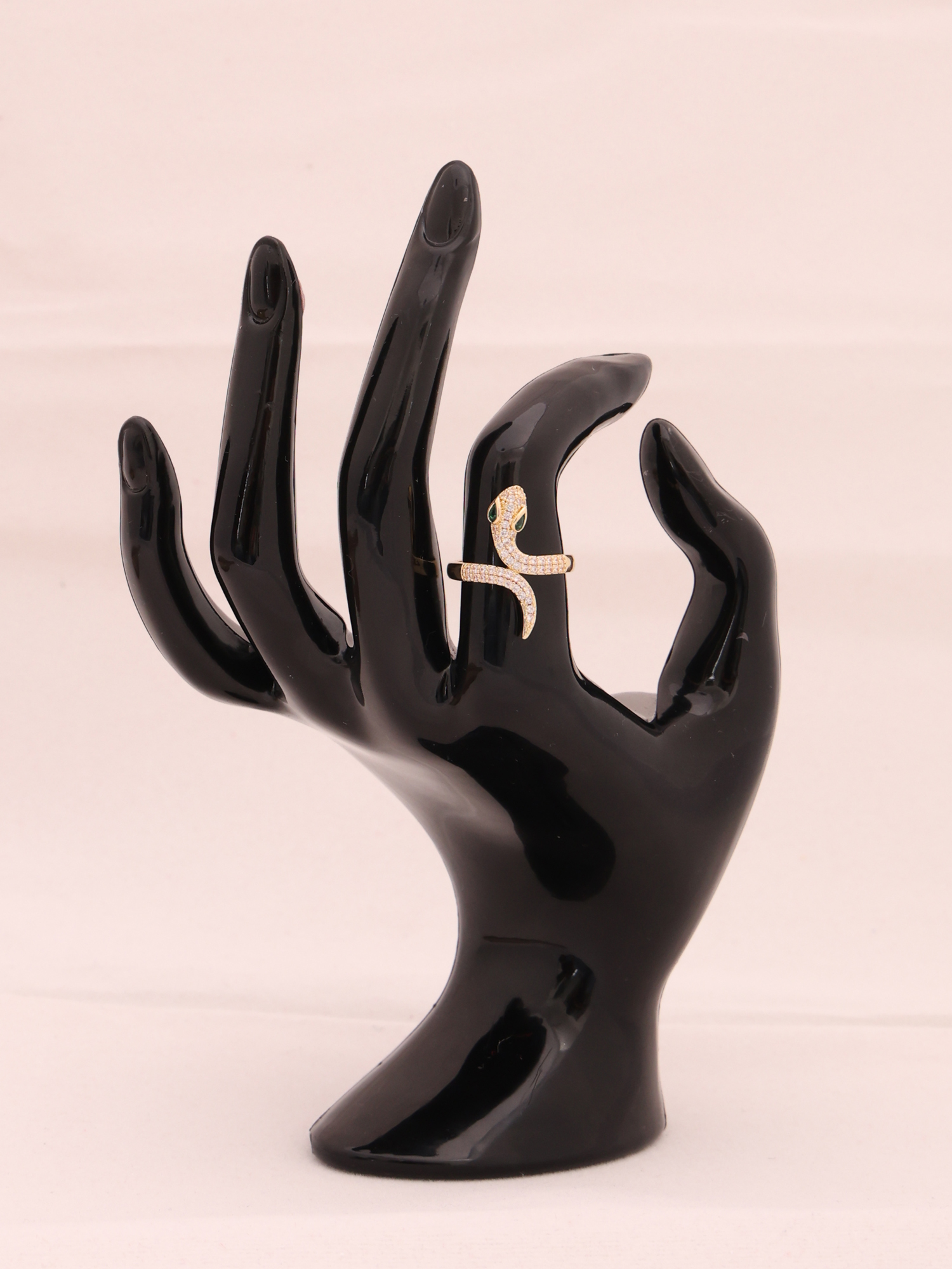 Anti-Tarnish Crystal Snake Adjustable Ring with Emerald Eyes