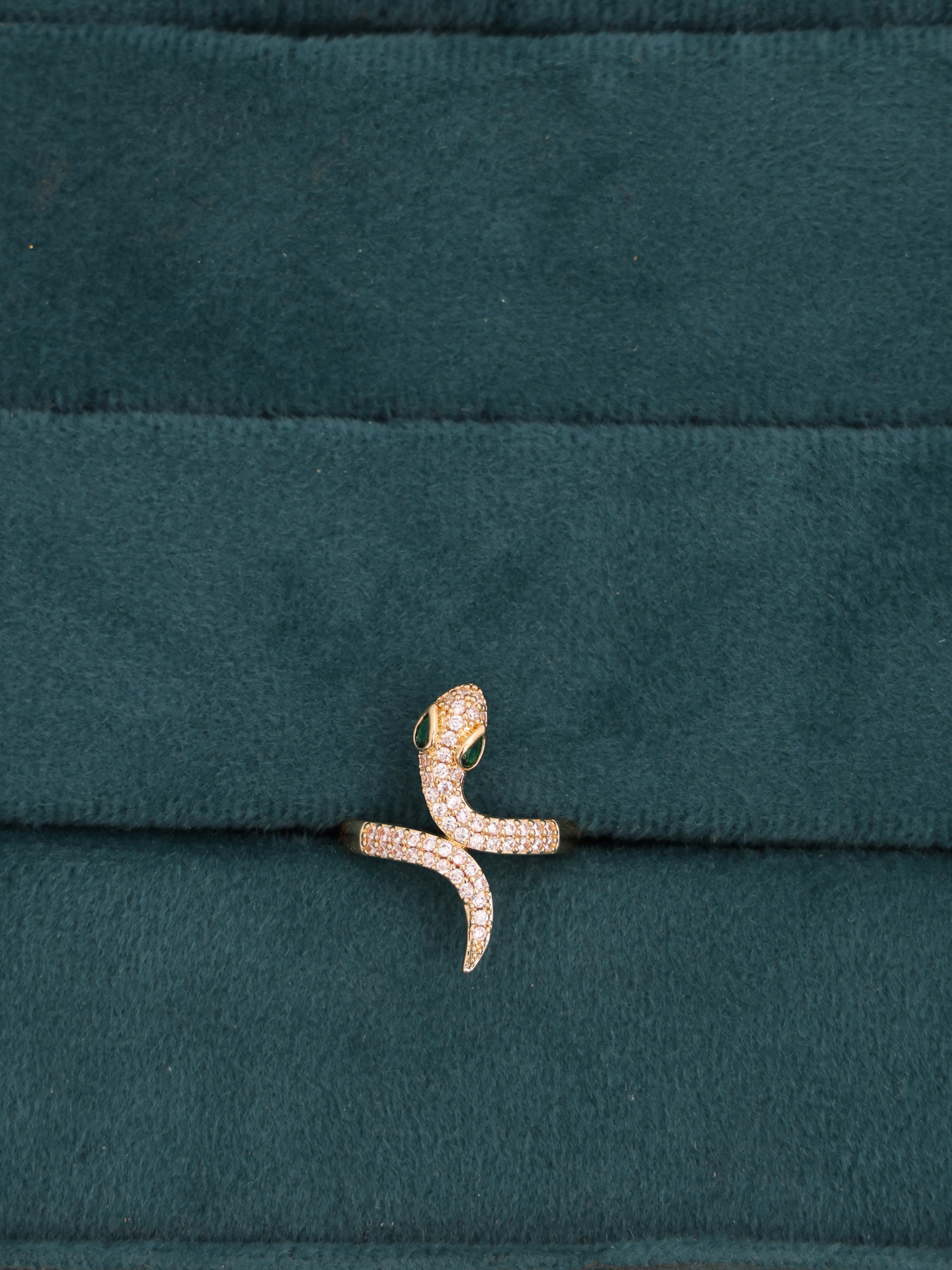 Anti-Tarnish Crystal Snake Adjustable Ring with Emerald Eyes